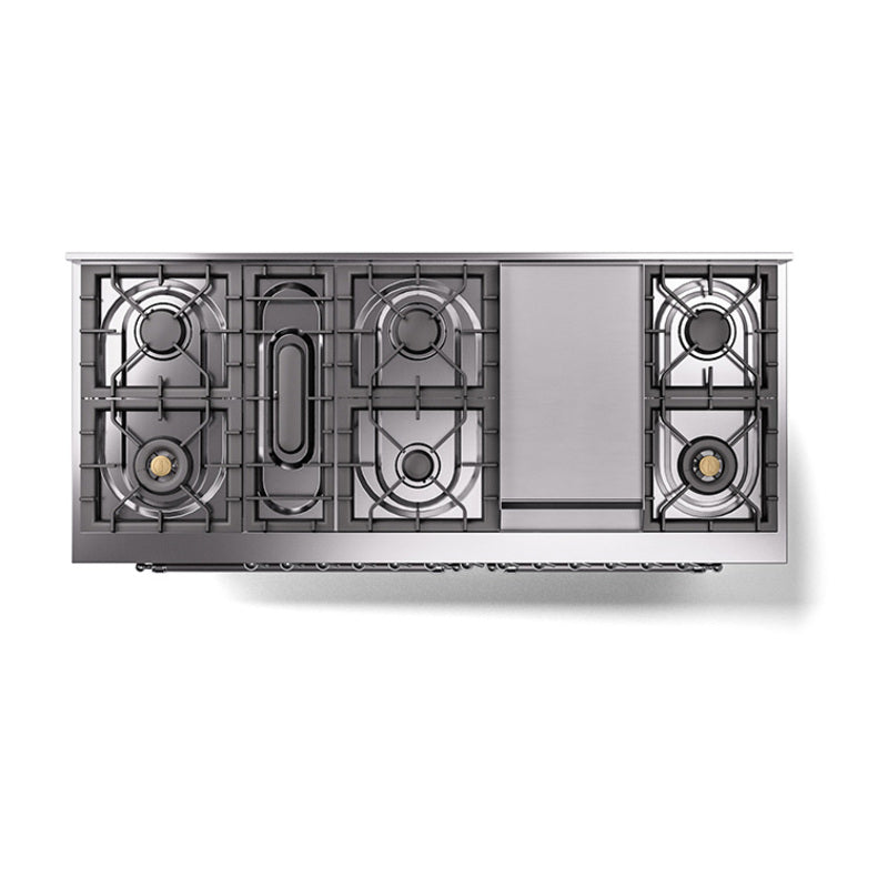Dual fuel range top burner layout with five burners and griddle section, internal view
