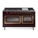 ILVE 60-Inch Nostalgie II Noblesse Propane Gas Dual Fuel Range with 9 Sealed Burners, Griddle, Triple Glass Door Oven in Burgundy with Brass Trim (UN60FNMPBUGLP)