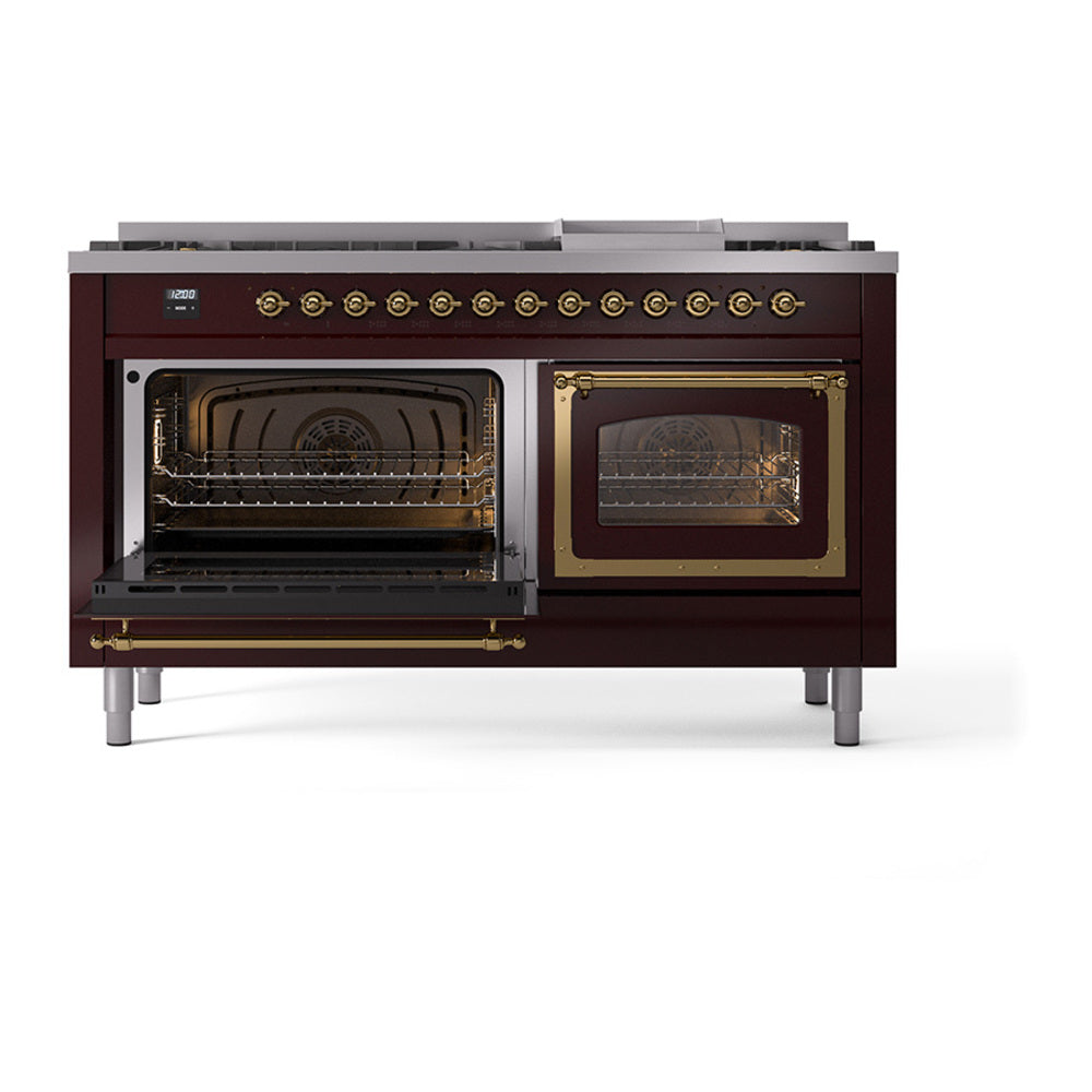 Burgundy dual fuel range with brass trim, one oven door open and one closed