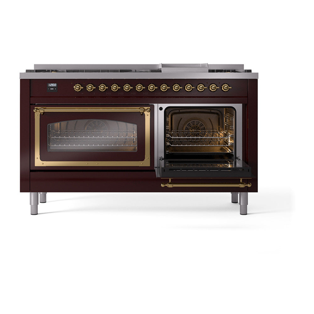 Burgundy dual-fuel range with one oven door open and the other open glass window