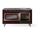 ILVE 60-Inch Nostalgie II Noblesse Propane Gas Dual Fuel Range with 9 Sealed Burners, Griddle, Triple Glass Door Oven in Burgundy with Brass Trim (UN60FNMPBUGLP)