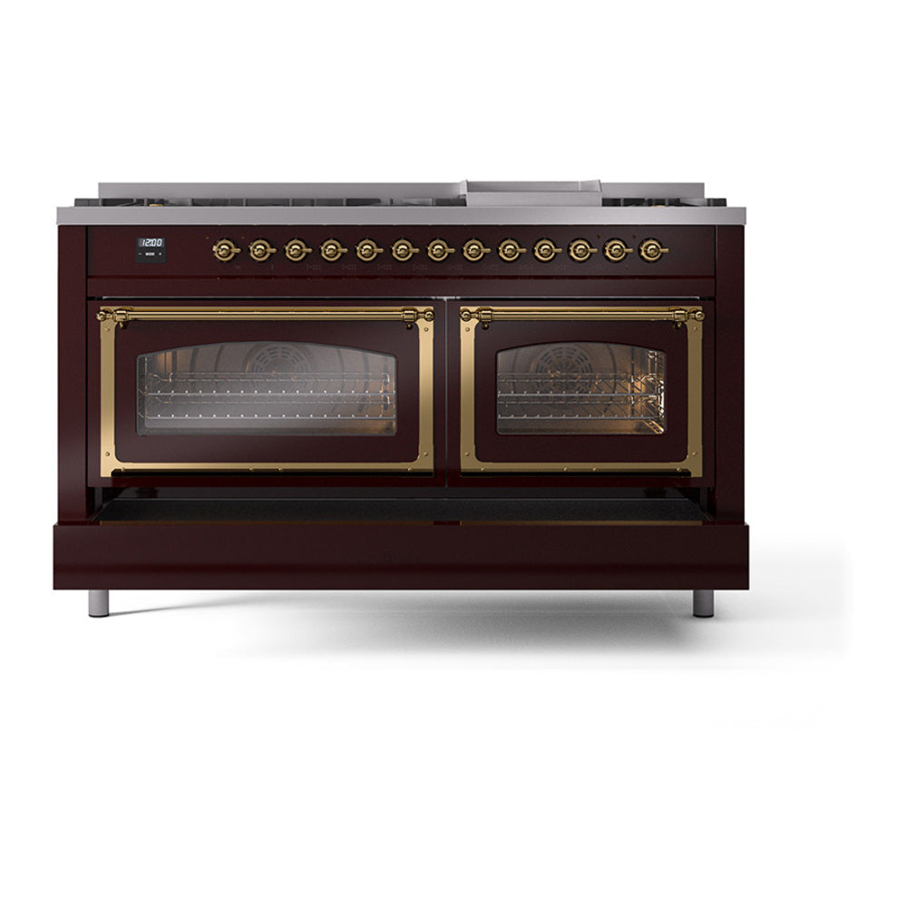Burgundy dual fuel range with brass trim, two oven windows and six-burner cooktop