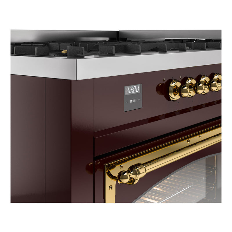 ILVE 60-Inch Nostalgie II Noblesse Dual Fuel Range with 9 Sealed Burners, Griddle, Triple Glass Door Oven in Burgundy with Brass Trim (UN60FNMPBUG)