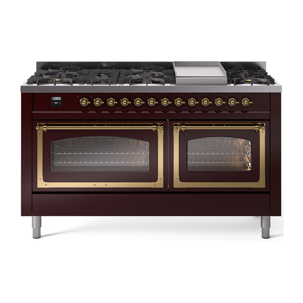 Burgundy dual fuel range with brass trim, two glass oven doors, and six-burner cooktop