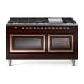 ILVE 60-Inch Nostalgie II Noblesse Natural Gas Dual Fuel Range   in Burgundy with Brass Trim (UN60FNMPBUG)