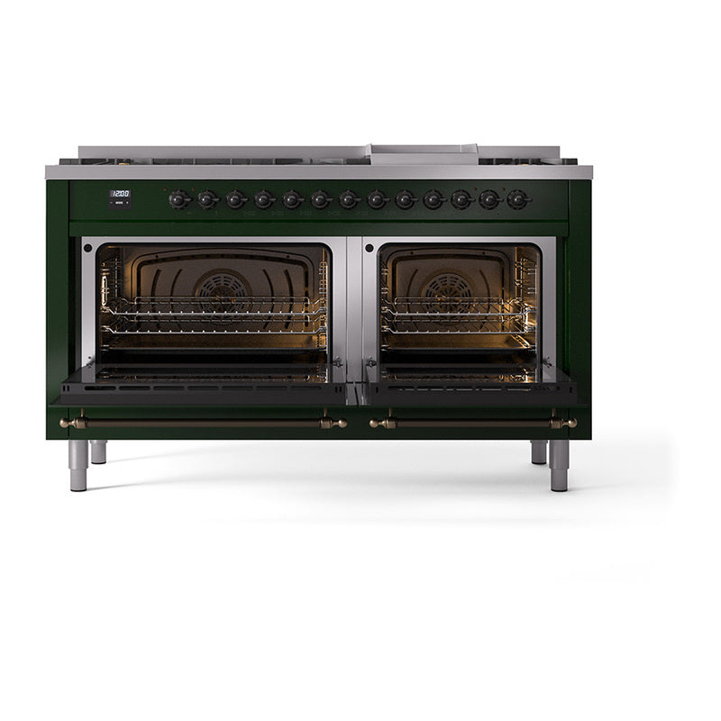 Emerald green dual fuel range with both oven doors open and interior lights on