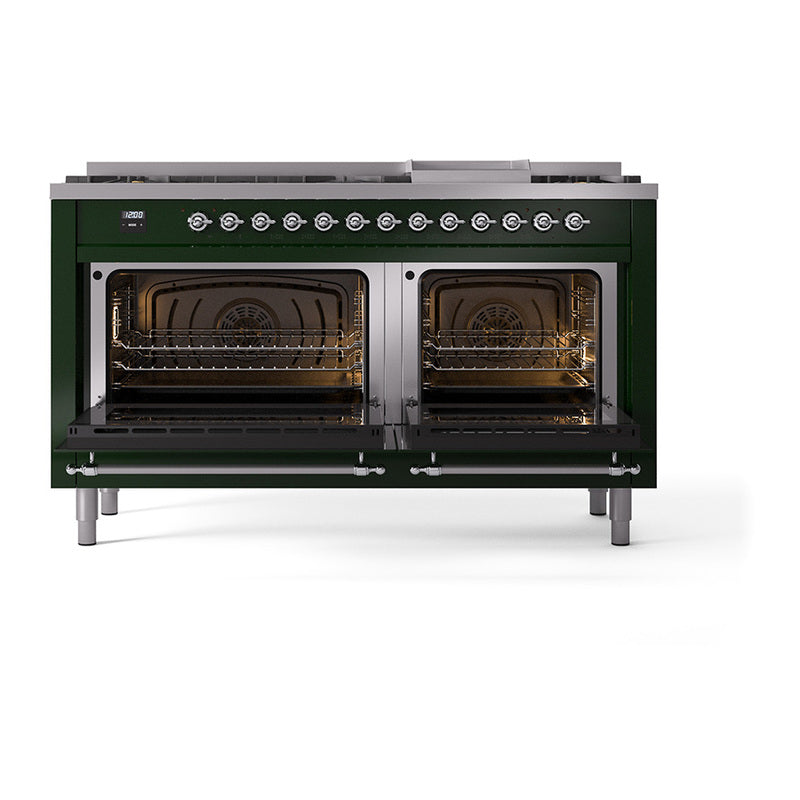 Emerald green range with both ovens open, grates and heating elements visible
