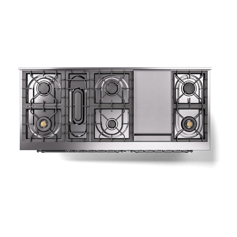 Side view of emerald green range cooktop burner grates and manifold layout