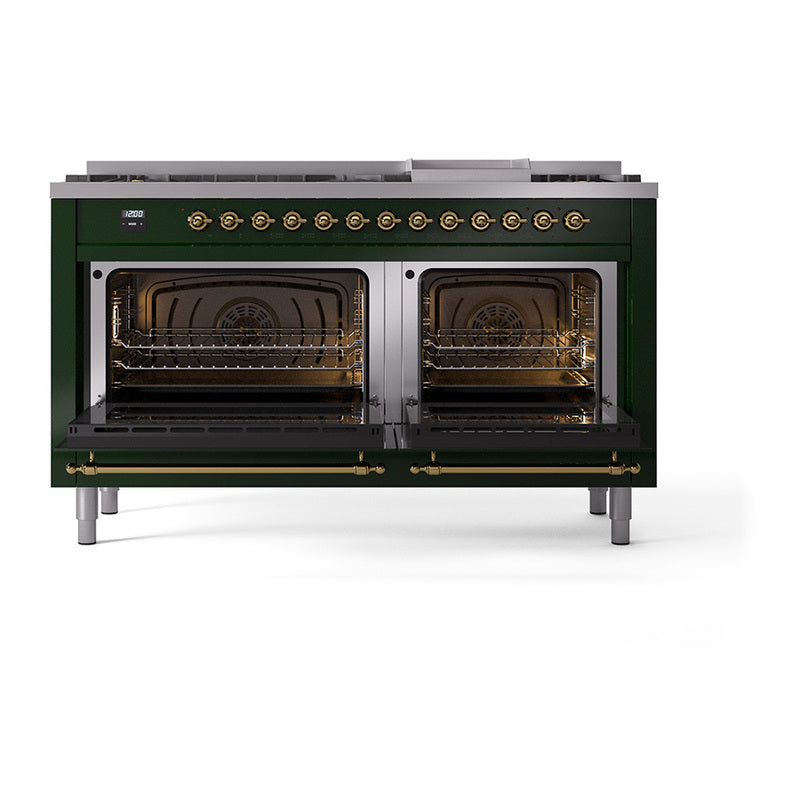 Emerald green dual-fuel range with both ovens open, showing interior racks and burners