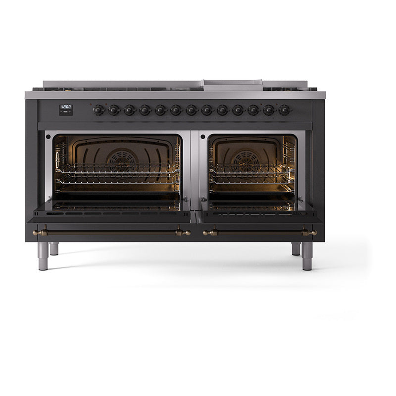 Matte graphite range with both ovens open and glowing racks, bronze-trim handles