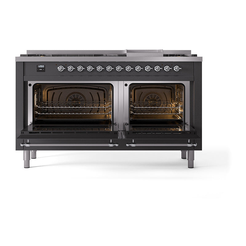 Matte graphite dual fuel range with both oven doors open and illuminated interiors