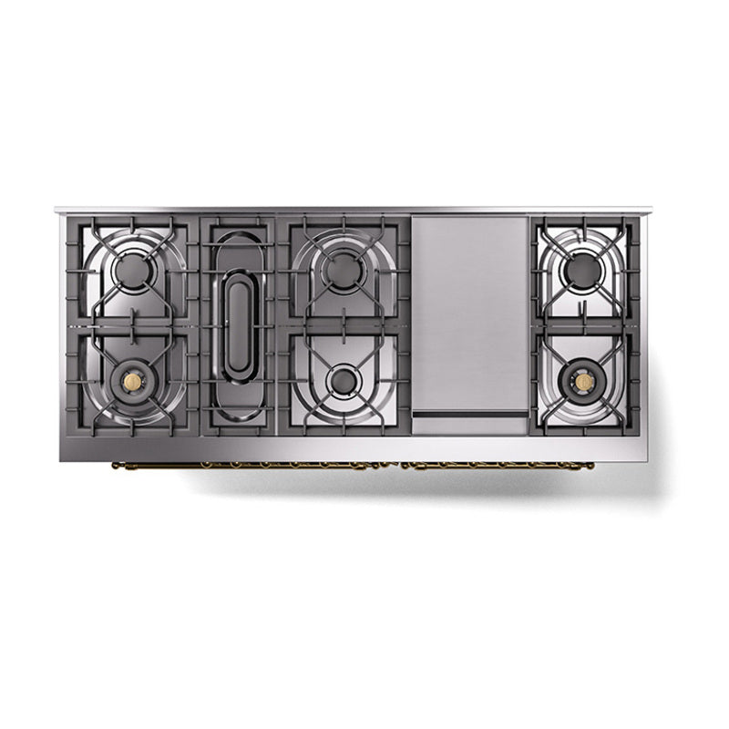 Top view of dual-fuel range burner grates and internal layout with brass details