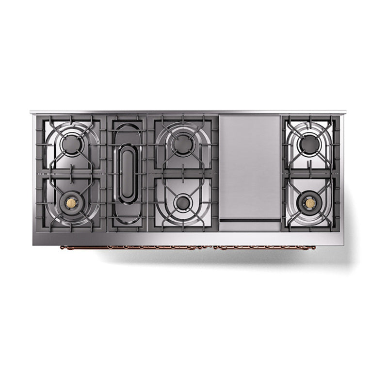 Top view of dual fuel range burners with grates and a centered griddle panel