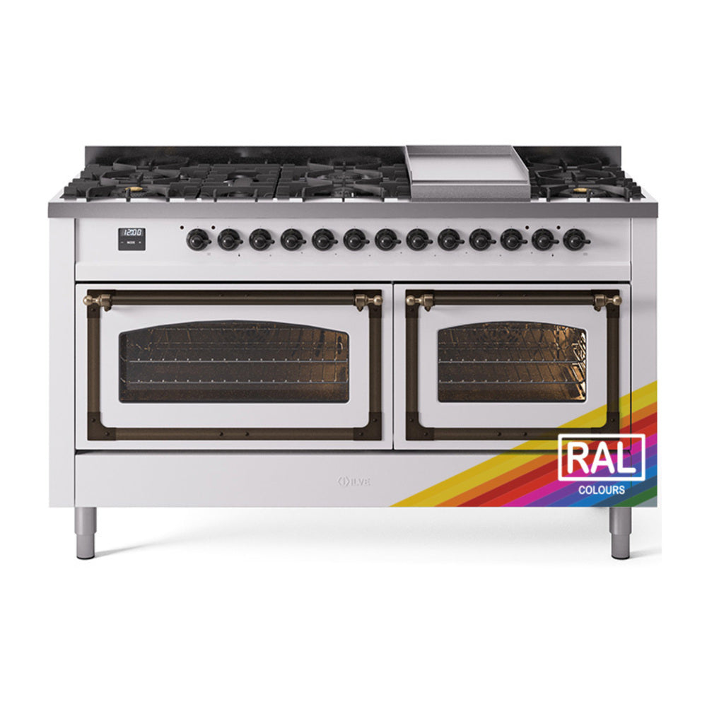 Nostalgie II dual fuel range with bronze trim, knobs, and two glass oven doors