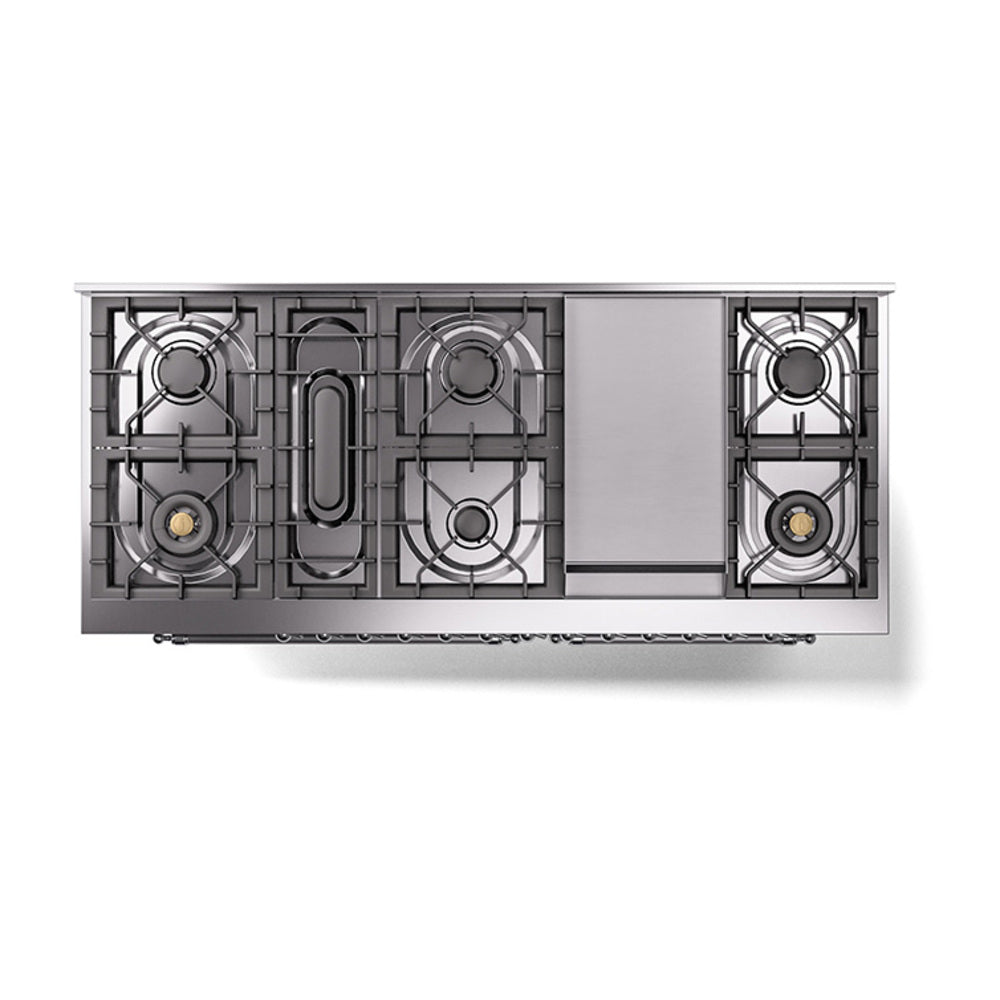 Dual fuel range underside burner layout with cooktop grates and burner openings