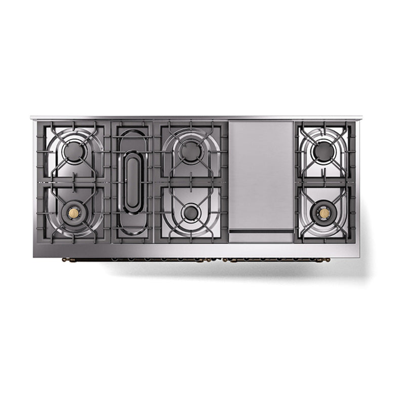 ILVE dual fuel range burner grates with integrated gas burner layout underneath the cooktop