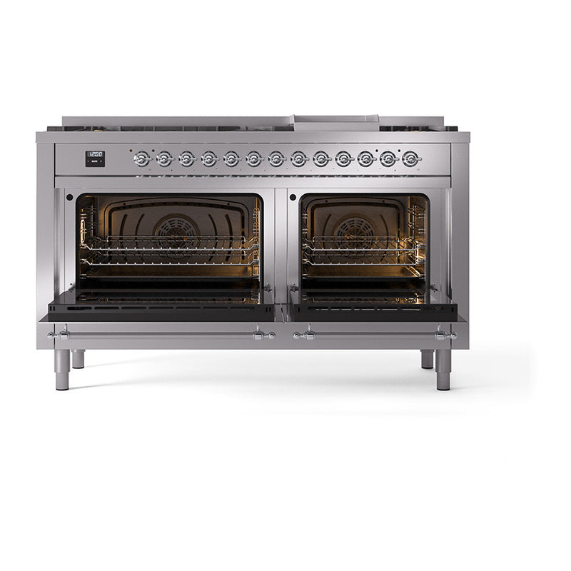 Stainless steel dual fuel range with both oven doors open and racks inside