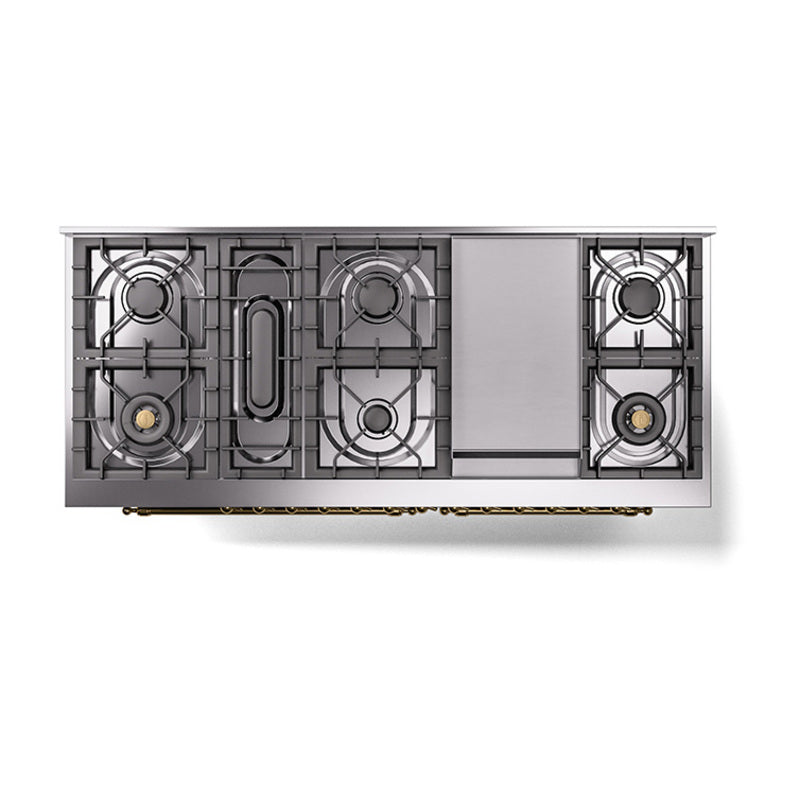 Dual fuel range cooktop with exposed burner layout and grate details
