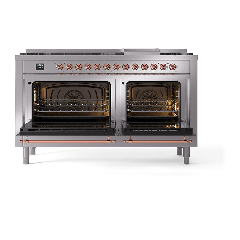 Stainless steel dual-fuel range with both oven doors open, interior racks, copper trim