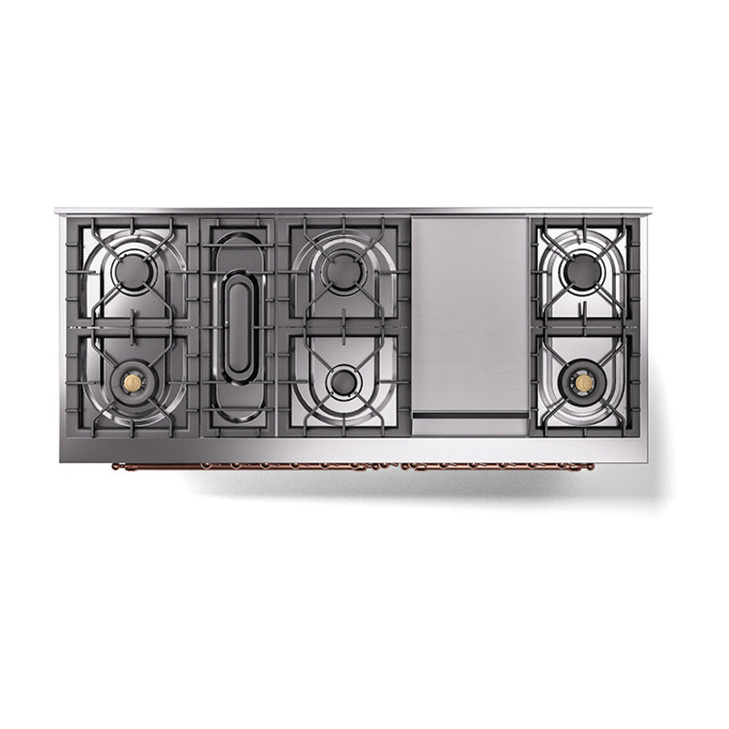 ILVE 60-Inch Nostalgie II Noblesse Dual Fuel Range with 9 Sealed Burners, Griddle, Triple Glass Door Oven in Stainless Steel with Copper Trim (UN60FNMPSSP)