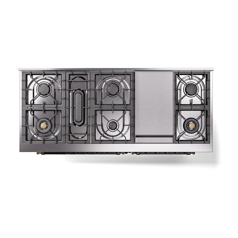 Gray cooktop base layout view with burners, grates, and center panel
