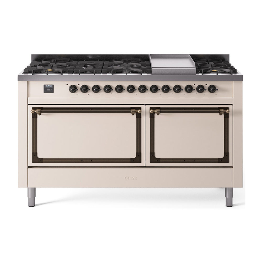 Antique white dual fuel range with bronze-trim burners and griddle, two oven doors