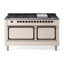 ILVE 60-Inch Nostalgie II Noblesse Propane Gas Dual Fuel Range with 9 Sealed Burners, Griddle, and Solid Door Oven in Antique White with Bronze Trim (UN60FQNMPAWBLP)