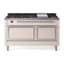 ILVE 60-Inch Nostalgie II Noblesse Propane Gas Dual Fuel Range with 9 Sealed Burners, Griddle, and Solid Door Oven in Antique White with Chrome Trim (UN60FQNMPAWCLP)