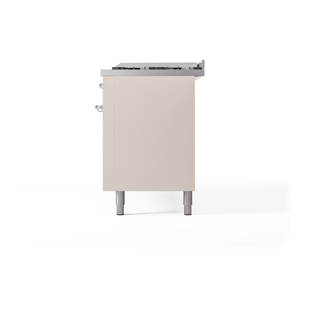 Antique white dual-fuel gas range rear view with side connectors and top cover