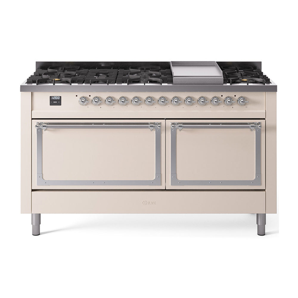Antique white dual-fuel gas range with chrome control knobs and 9 sealed burners