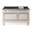 ILVE 60-Inch Nostalgie II Noblesse Natural Gas Dual Fuel Range with 9 Sealed Burners, Griddle, and Solid Door Oven in Antique White with Chrome Trim (UN60FQNMPAWC)