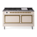ILVE 60-Inch Nostalgie II Noblesse Propane Gas Dual Fuel Range with 9 Sealed Burners, Griddle, and Solid Door Oven in Antique White with Brass Trim (UN60FQNMPAWGLP)