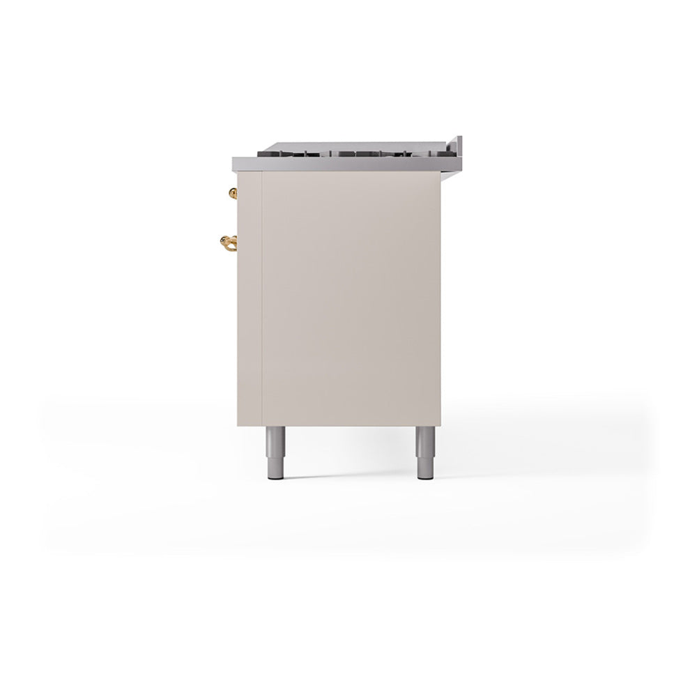 Antique white range side view with brass hardware and rear vent opening