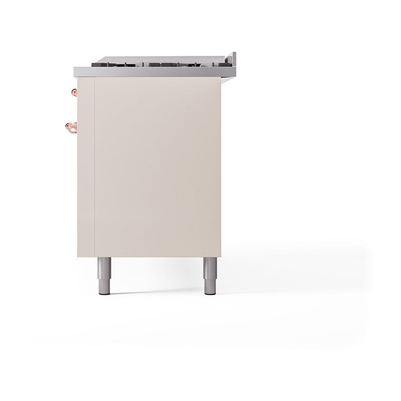 ILVE 60-Inch Nostalgie II Noblesse Dual Fuel Range with 9 Sealed Burners, Griddle, and Solid Door Oven in Antique White with Copper Trim (UN60FQNMPAWP)