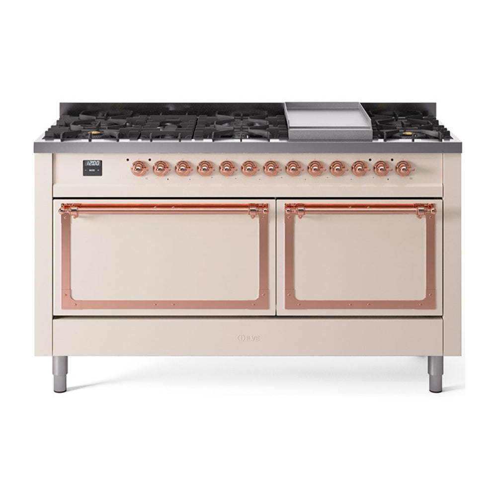 Antique white gas dual-fuel range with copper-trimmed controls and burner grates