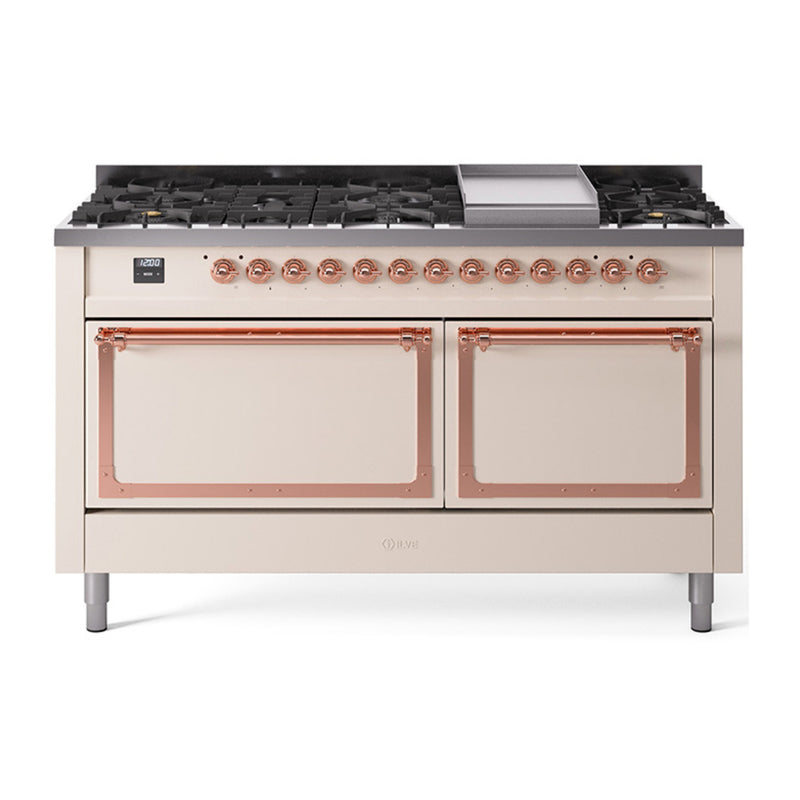 ILVE 60-Inch Nostalgie II Noblesse Dual Fuel Range with 9 Sealed Burners, Griddle, and Solid Door Oven in Antique White with Copper Trim (UN60FQNMPAWP)