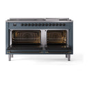 ILVE 60-Inch Nostalgie II Noblesse Natural Gas Dual Fuel Range with 9 Sealed Burners, Griddle, and Solid Door Oven in Blue Grey with Bronze Trim (UN60FQNMPBGB)
