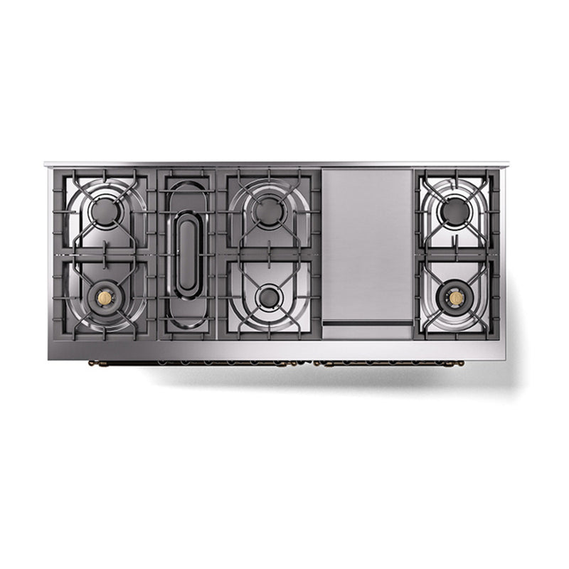ILVE 60-Inch Nostalgie II Noblesse Dual Fuel Range with 9 Sealed Burners, Griddle, and Solid Door Oven in Blue Grey with Bronze Trim (UN60FQNMPBGB)