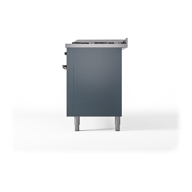 ILVE 60-Inch Nostalgie II Noblesse Dual Fuel Range with 9 Sealed Burners, Griddle, and Solid Door Oven in Blue Grey with Bronze Trim (UN60FQNMPBGB)
