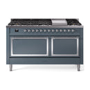 ILVE 60-Inch Nostalgie II Noblesse Natural Gas Dual Fuel Range with 9 Sealed Burners, Griddle, and Solid Door Oven in Blue Grey with Chrome Trim (UN60FQNMPBGC)