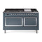 ILVE 60-Inch Nostalgie II Noblesse Natural Gas Dual Fuel Range with 9 Sealed Burners, Griddle, and Solid Door Oven in Blue Grey with Chrome Trim (UN60FQNMPBGC)