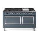 ILVE 60-Inch Nostalgie II Noblesse Propane Gas Dual Fuel Range with 9 Sealed Burners, Griddle, and Solid Door Oven in Blue Grey with Chrome Trim (UN60FQNMPBGCLP)