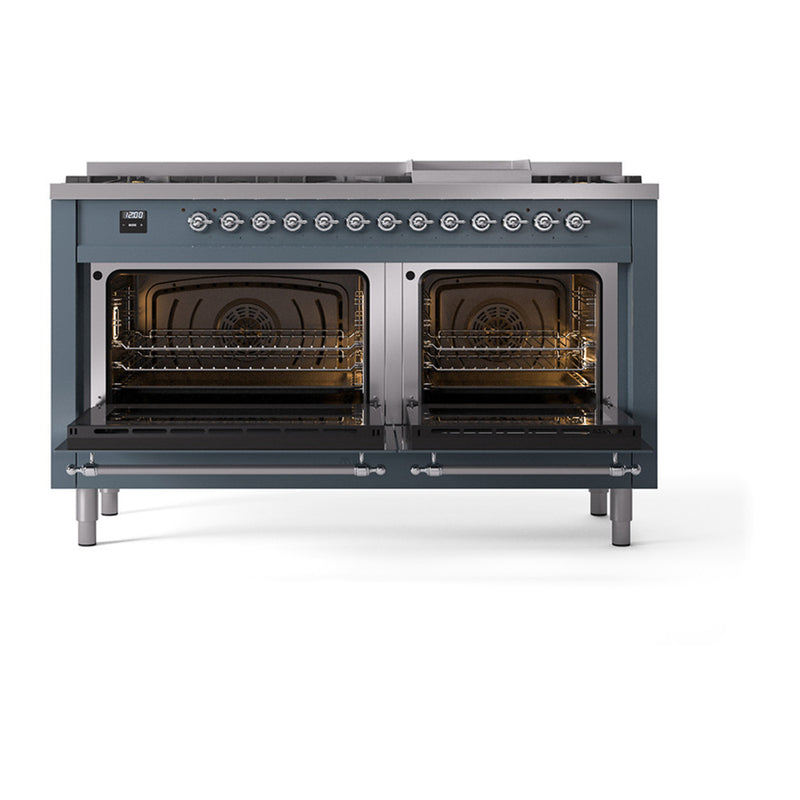 ILVE 60-Inch Nostalgie II Noblesse Dual Fuel Range with 9 Sealed Burners, Griddle, and Solid Door Oven in Blue Grey with Chrome Trim (UN60FQNMPBGC)
