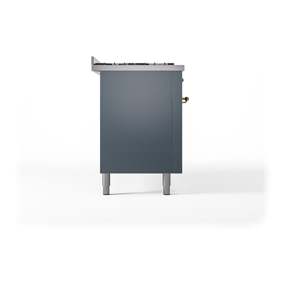 Blue grey side panel and back controls of a dual-fuel gas range