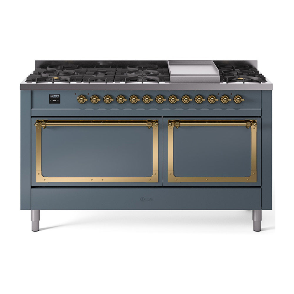 Blue-grey gas dual-fuel range with brass-trim oven doors and black burner grates
