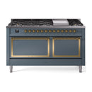 ILVE 60-Inch Nostalgie II Noblesse Natural Gas Dual Fuel Range with 9 Sealed Burners, Griddle, and Solid Door Oven in Blue Grey with Brass Trim (UN60FQNMPBGG)
