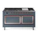 ILVE 60-Inch Nostalgie II Noblesse Natural Gas Dual Fuel Range with 9 Sealed Burners, Griddle, and Solid Door Oven in Blue Grey with Copper Trim (UN60FQNMPBGP)