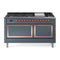 ILVE 60-Inch Nostalgie II Noblesse Natural Gas Dual Fuel Range with 9 Sealed Burners, Griddle, and Solid Door Oven in Blue Grey with Copper Trim (UN60FQNMPBGP)
