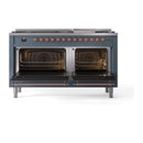 ILVE 60-Inch Nostalgie II Noblesse Natural Gas Dual Fuel Range with 9 Sealed Burners, Griddle, and Solid Door Oven in Blue Grey with Copper Trim (UN60FQNMPBGP)
