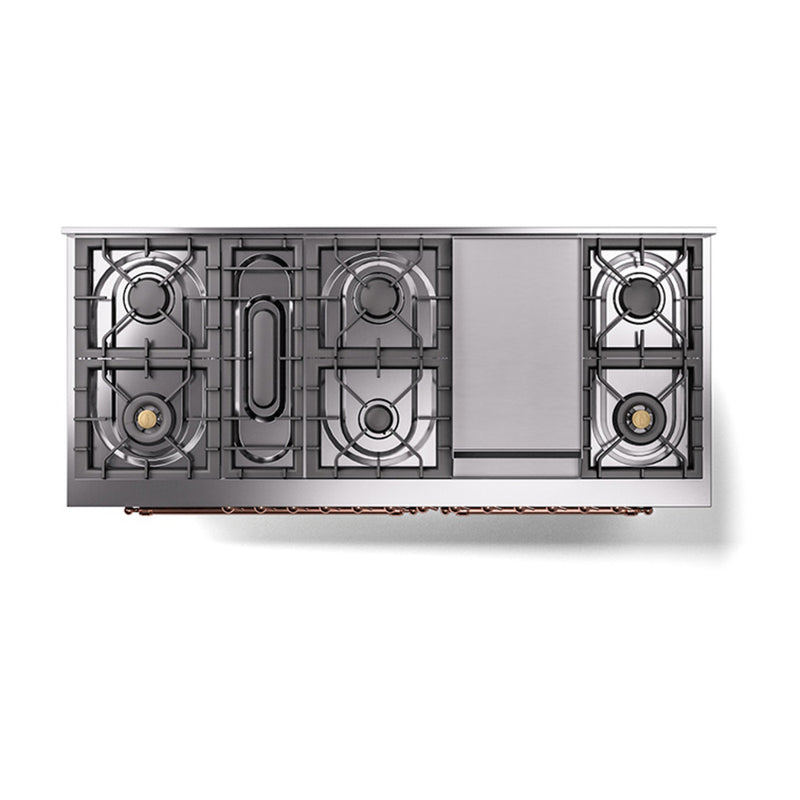 ILVE 60-Inch Nostalgie II Noblesse Dual Fuel Range with 9 Sealed Burners, Griddle, and Solid Door Oven in Blue Grey with Copper Trim (UN60FQNMPBGP)